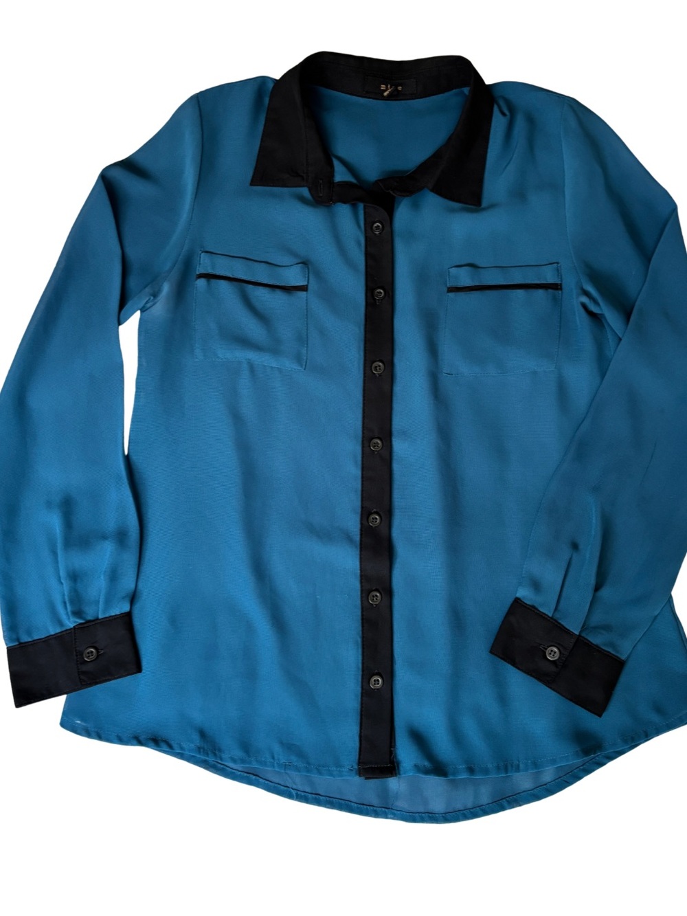 Mine Sheer Teal Button-Down Shirt with Black Trim- size M